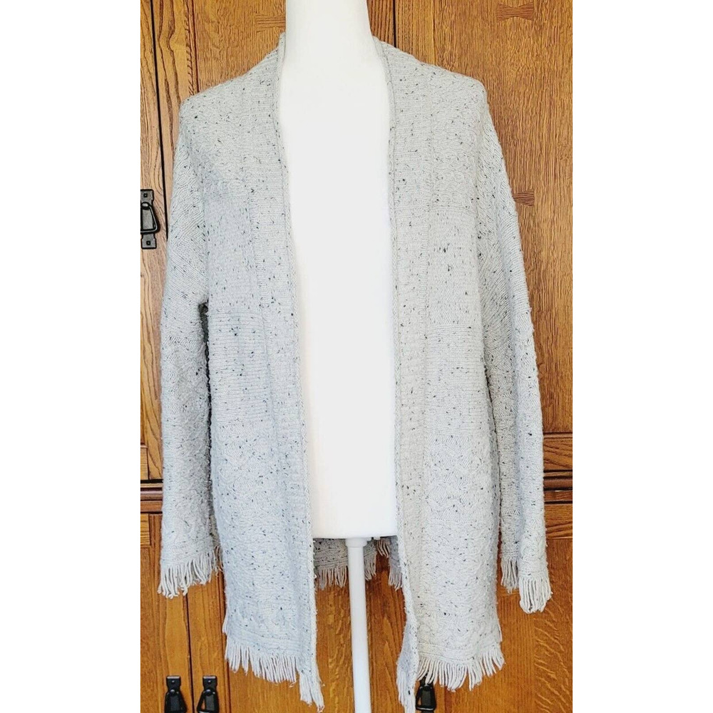 Michael Stars Womens Sz XS Grey Speckled Cable Knit Fringe Boho Neutral Cardigan